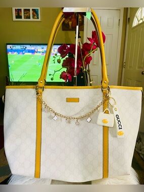 Gucci Tote Bag in White with Yellow Accents